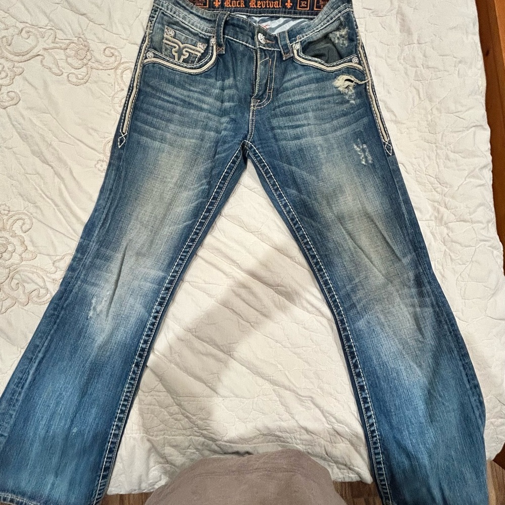 Men’s Rock Revival Distressed Denim with cream Accents